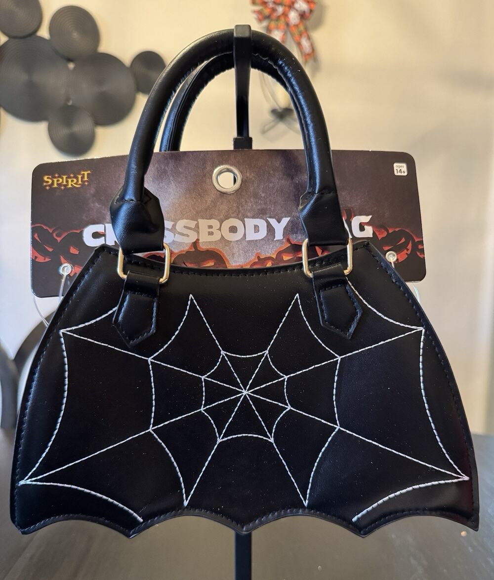NWT Spirit Halloween Spiderweb Crossbody Bag With Batwing Silhouette